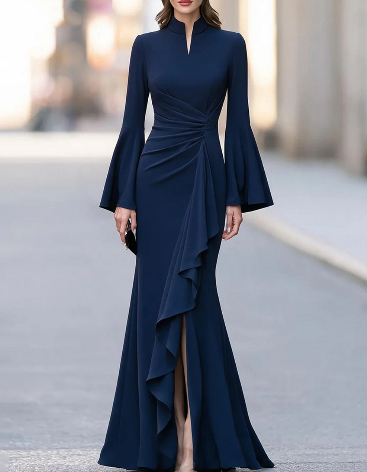 Vestido largo con cuello alto, cuello mao y mangas acampanadas largas
