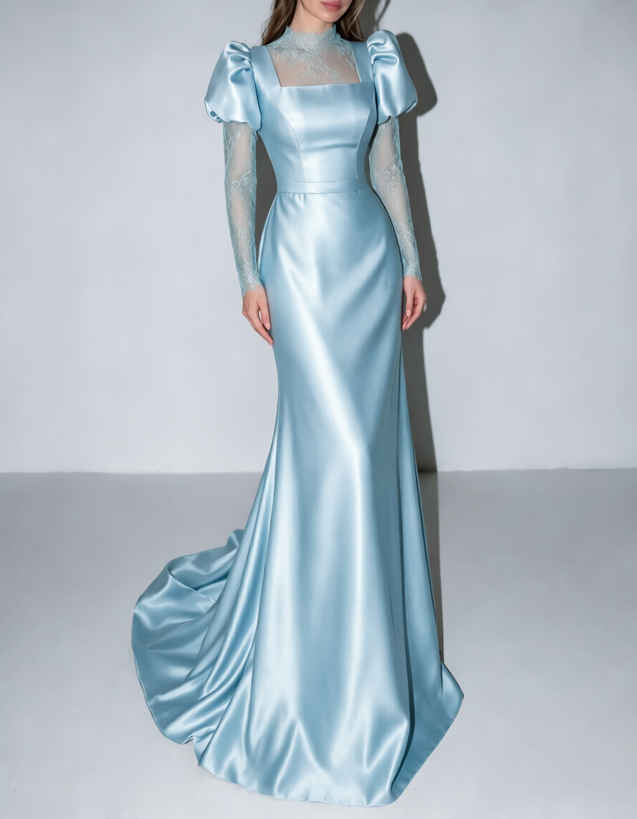 Vestido de noite comprido de cetim, com gola subida, mangas compridas e corte sereia
