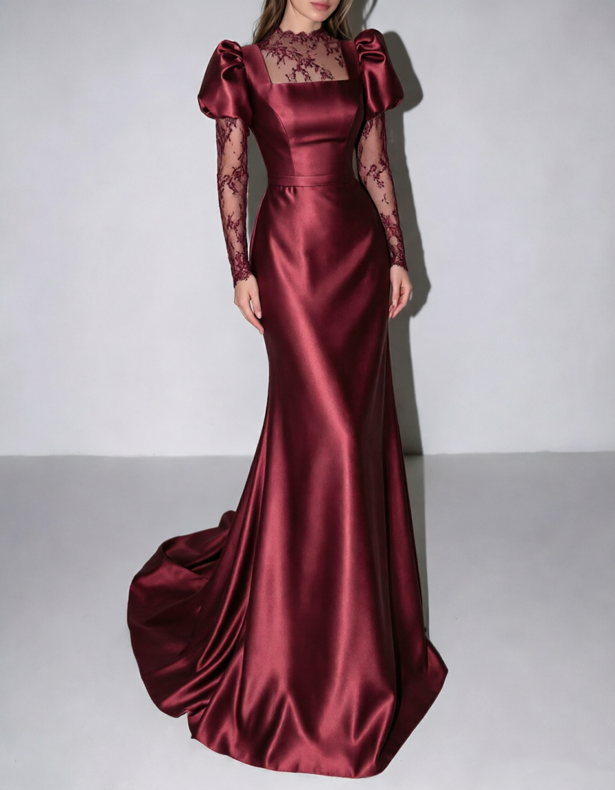 Vestido de noite comprido de cetim, com gola subida, mangas compridas e corte sereia