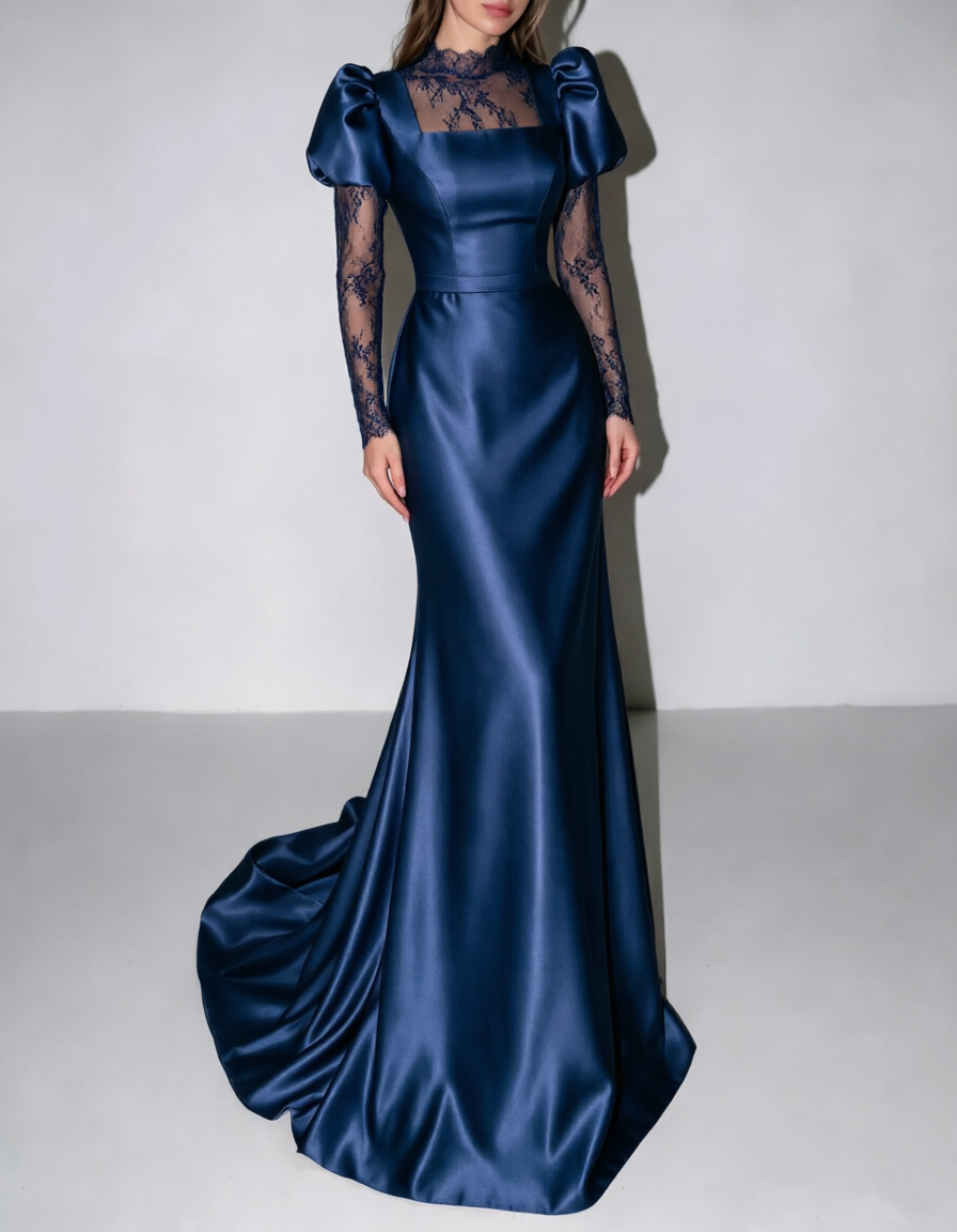 Vestido de noite comprido de cetim, com gola subida, mangas compridas e corte sereia