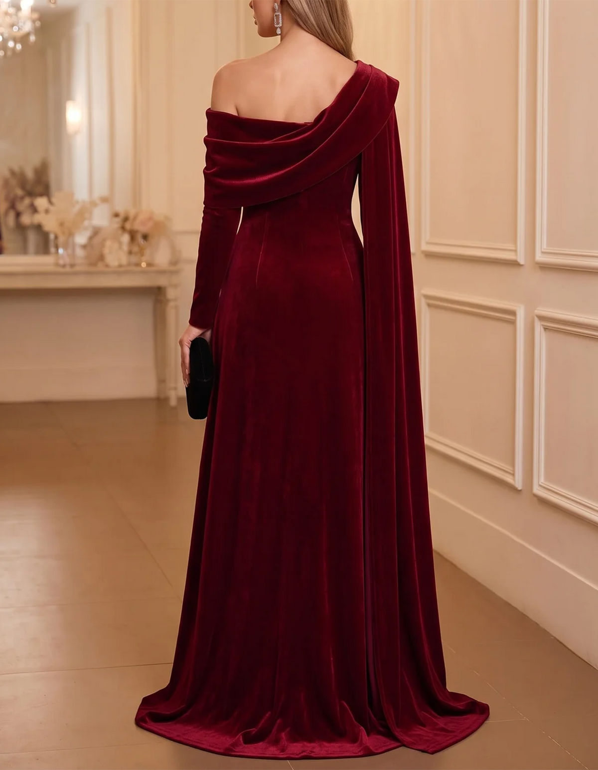 Vestido maxi de veludo cor de vinho, assimétrico, de um ombro só e de mangas compridas