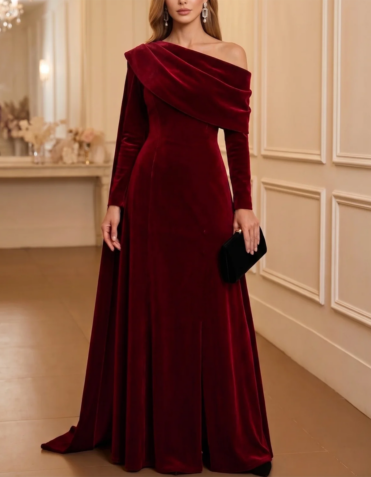 Vestido maxi de veludo cor de vinho, assimétrico, de um ombro só e de mangas compridas