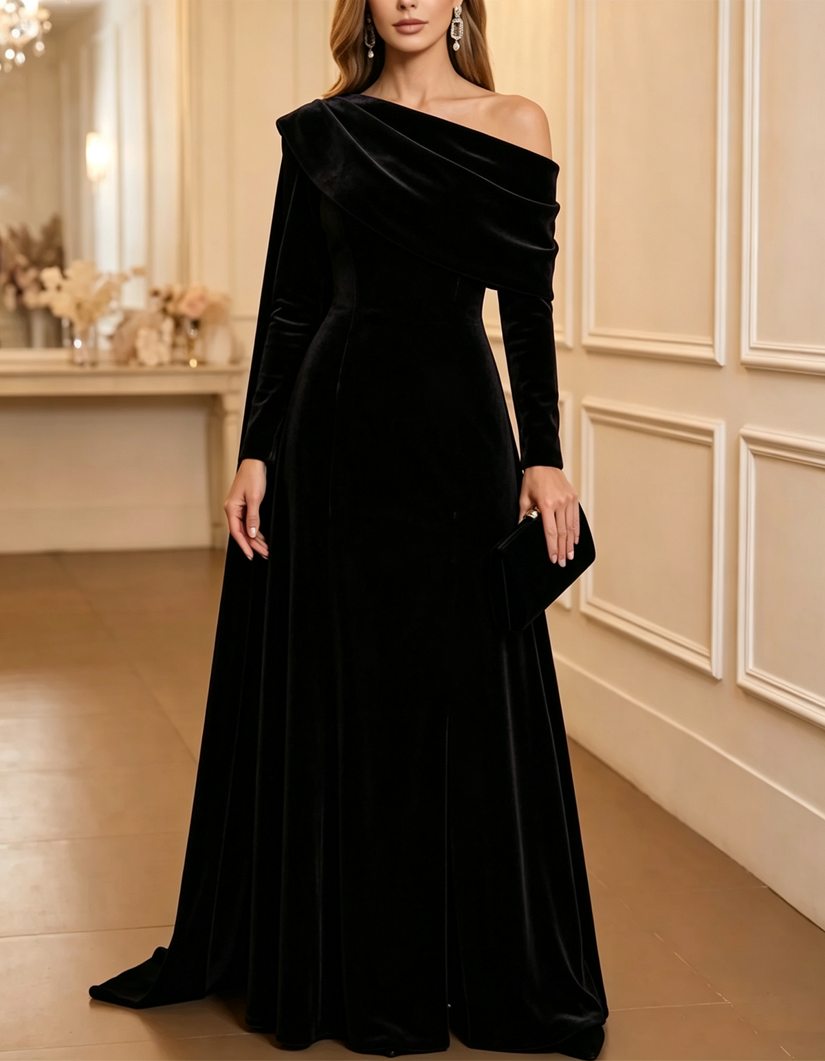 Vestido maxi de veludo cor de vinho, assimétrico, de um ombro só e de mangas compridas