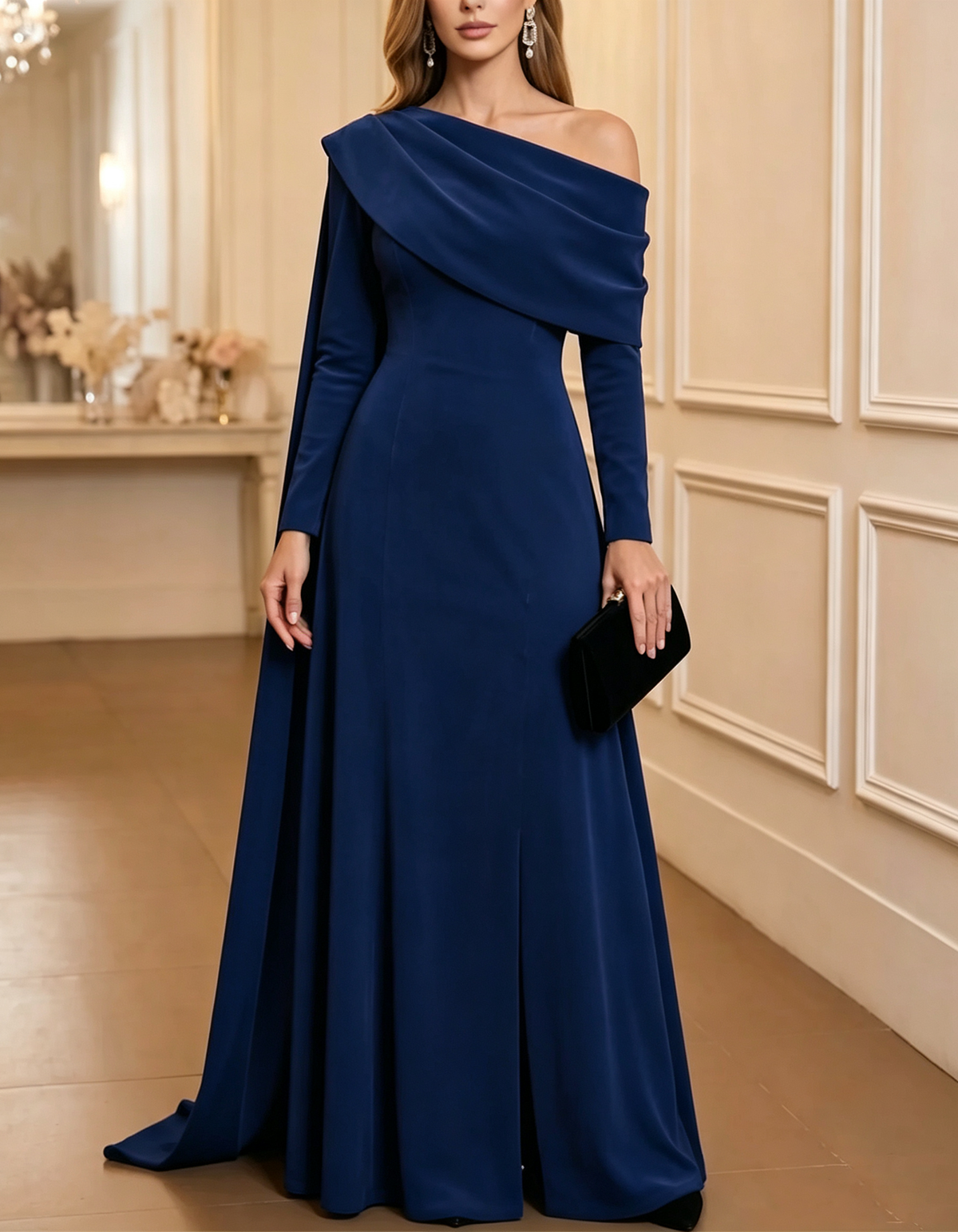 Vestido maxi de veludo cor de vinho, assimétrico, de um ombro só e de mangas compridas