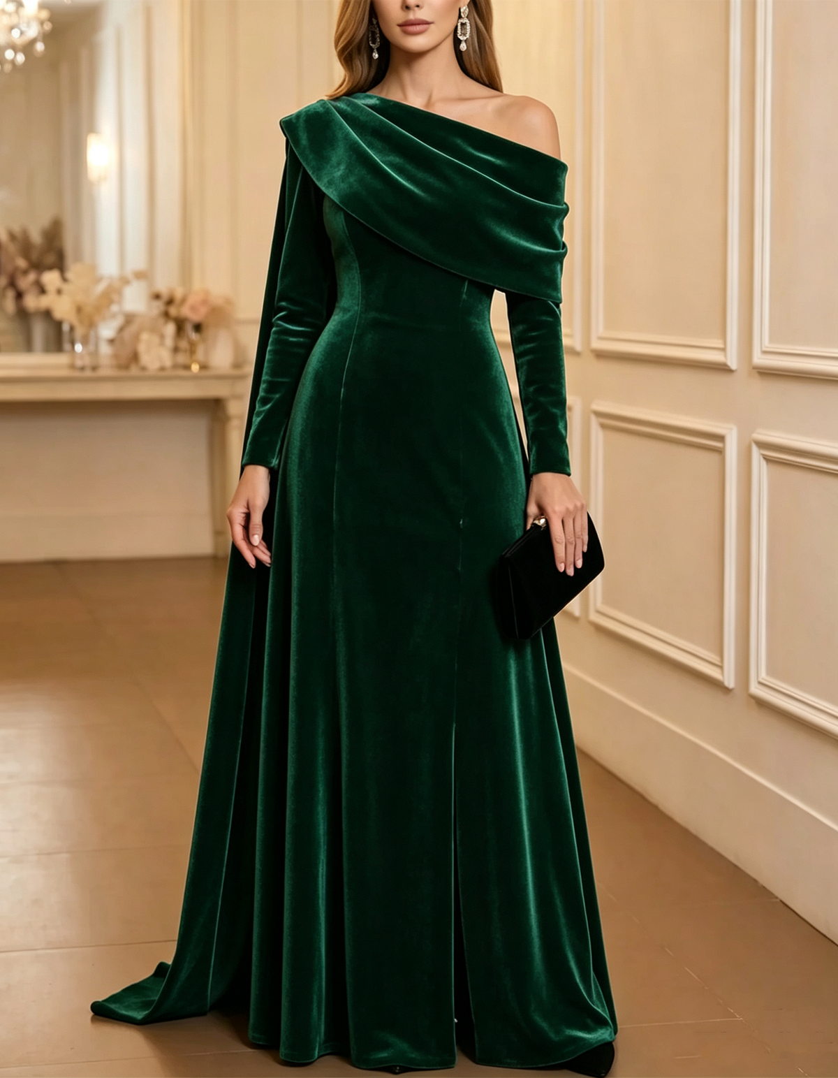 Vestido maxi de veludo cor de vinho, assimétrico, de um ombro só e de mangas compridas