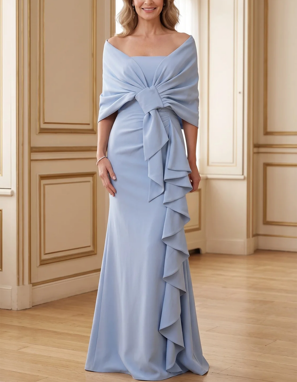 Abito lungo da sera a sirena in crêpe azzurro chiaro, con spalle scoperte, fiocco e drappeggio