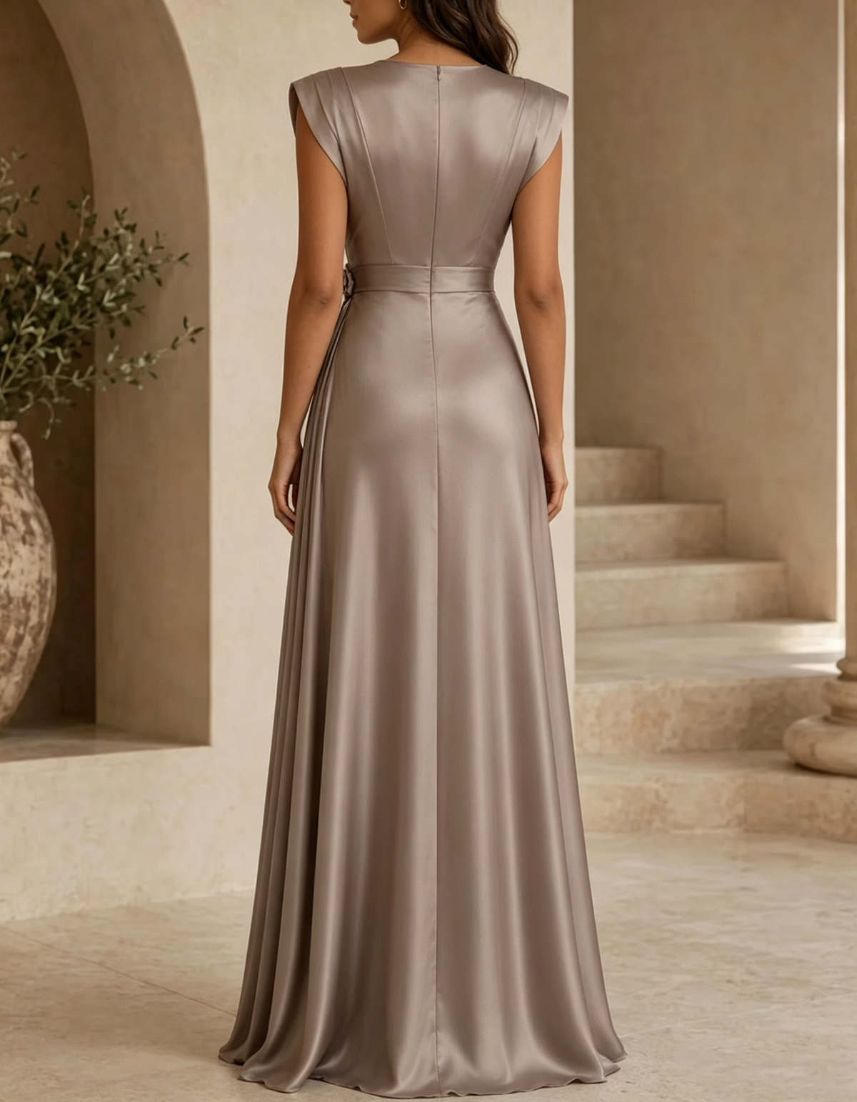 Abito maxi in raso color tortora con pieghe, scollo a V profondo e rose 3D