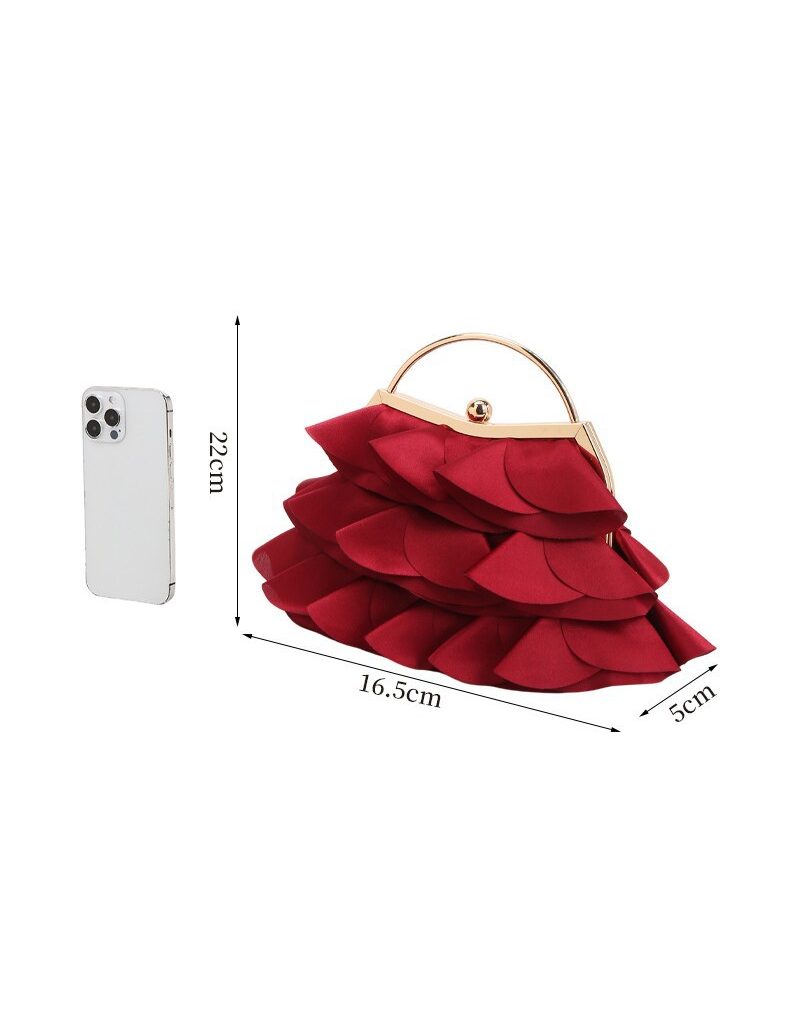 Burgundy Satin Ruffled Petal Evening Handbag With Chain Strap For Women Party Dress