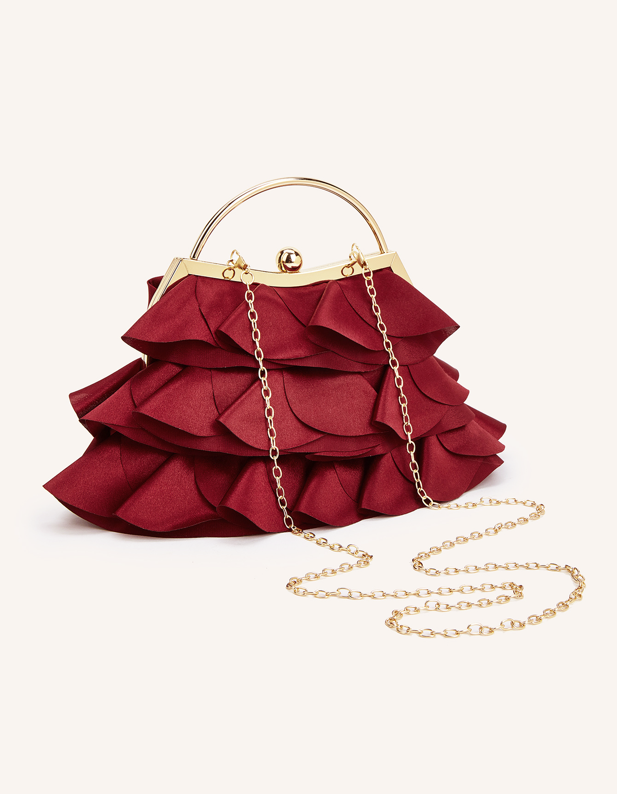 Burgundy Satin Ruffled Petal Evening Handbag With Chain Strap For Women Party Dress