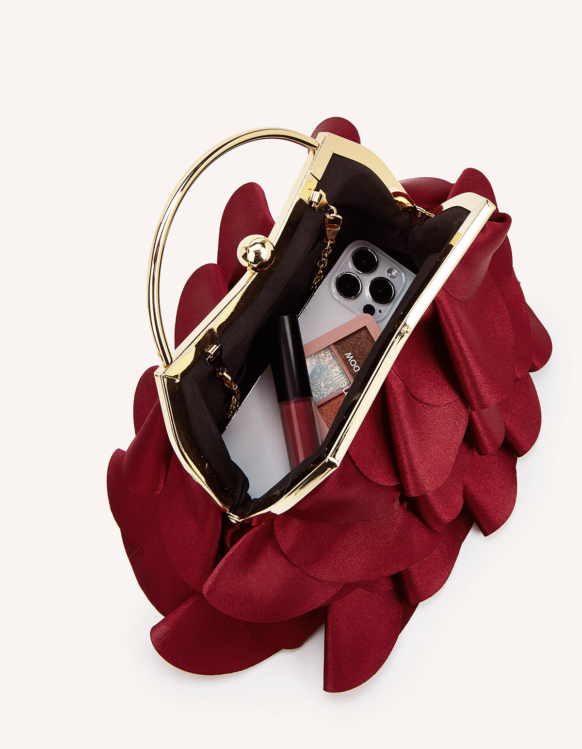 Burgundy Satin Ruffled Petal Evening Handbag With Chain Strap For Women Party Dress
