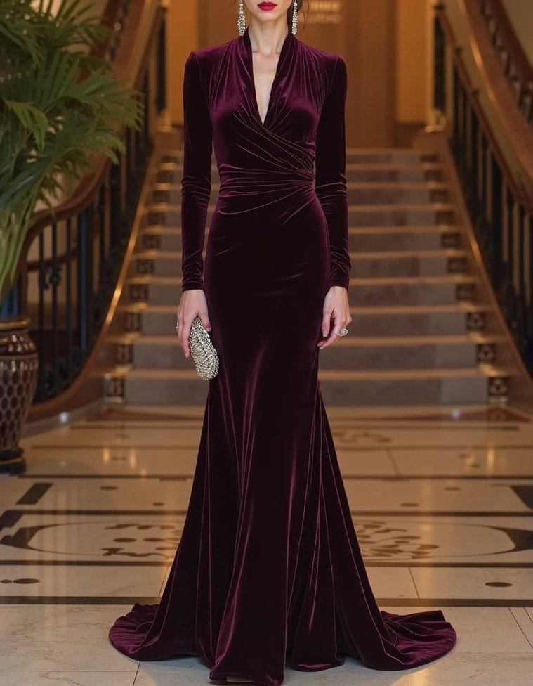 Robe longue de soirée formelle sirène en velours, à manches longues et encolure en V