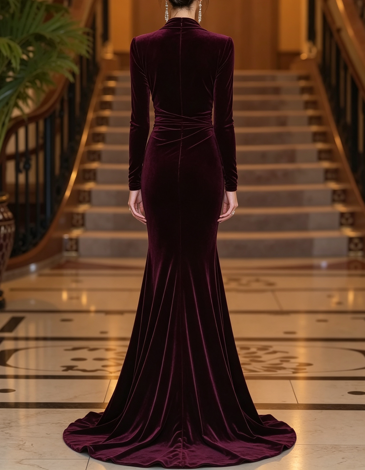 Robe longue de soirée formelle sirène en velours, à manches longues et encolure en V