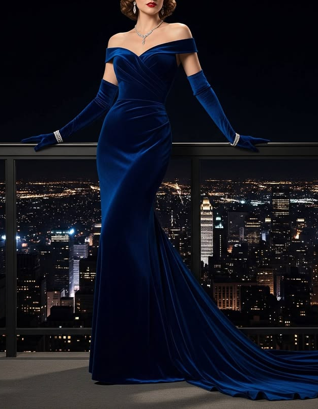 Robe longue de soirée sirène en velours, épaules dénudées et taille froncée