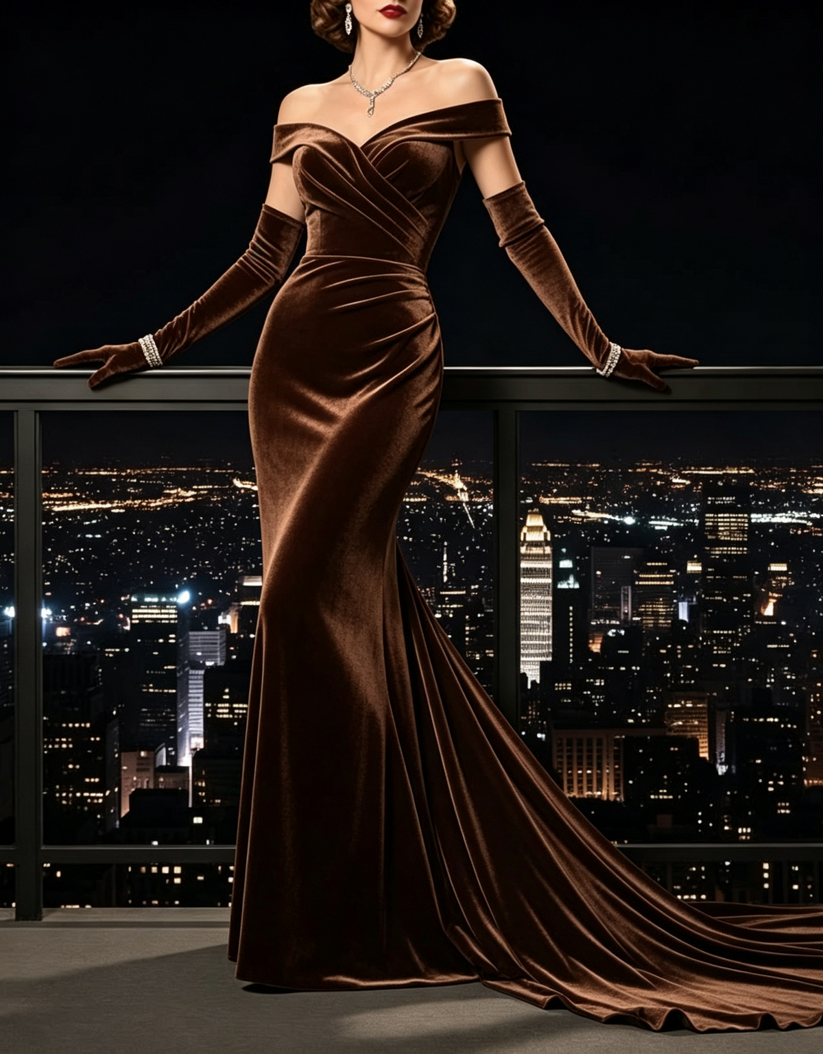 Robe longue de soirée sirène en velours, épaules dénudées et taille froncée