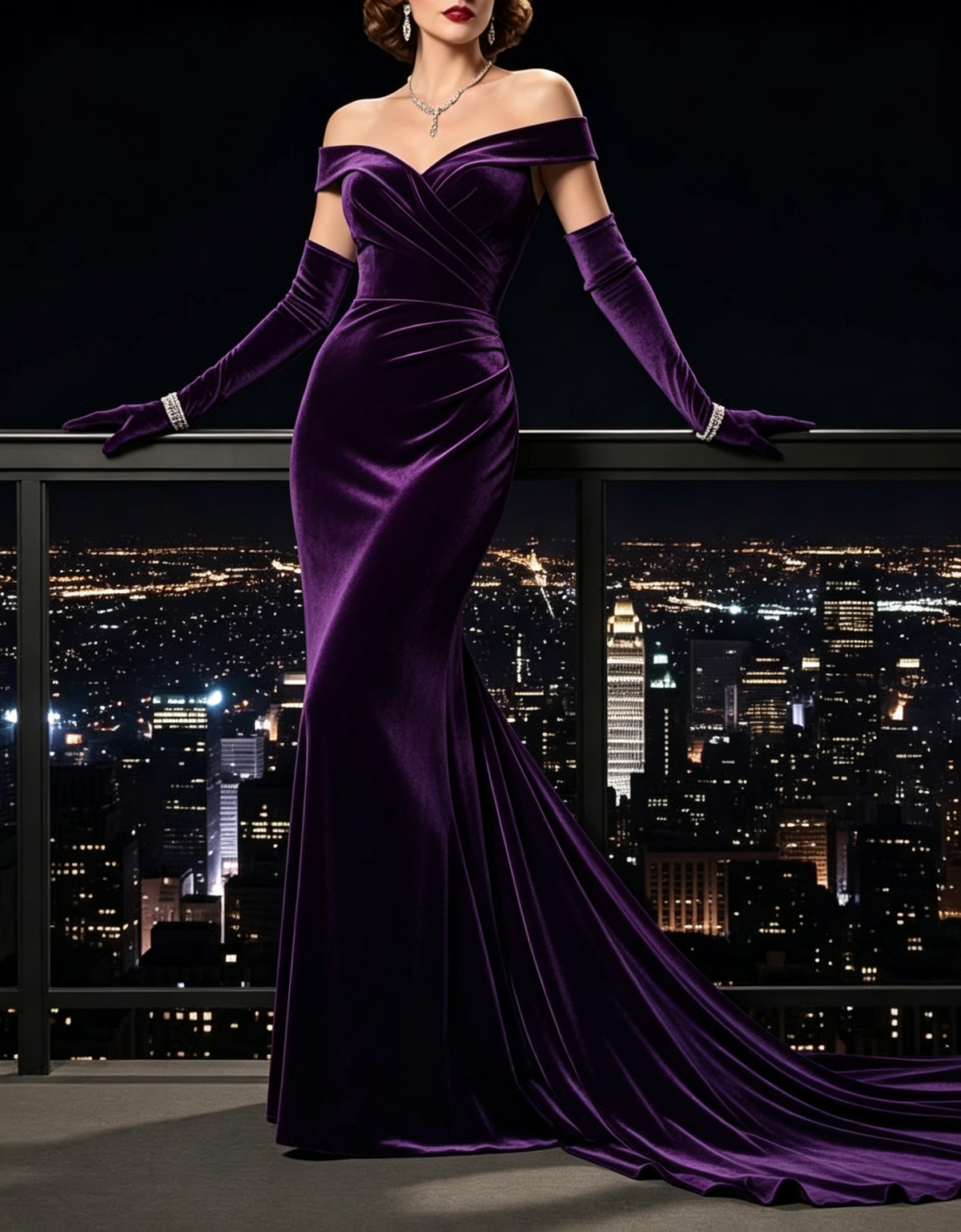 Robe longue de soirée sirène en velours, épaules dénudées et taille froncée