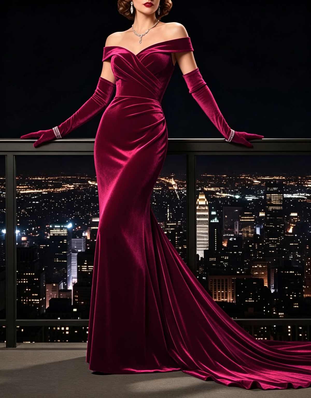 Robe longue de soirée sirène en velours, épaules dénudées et taille froncée