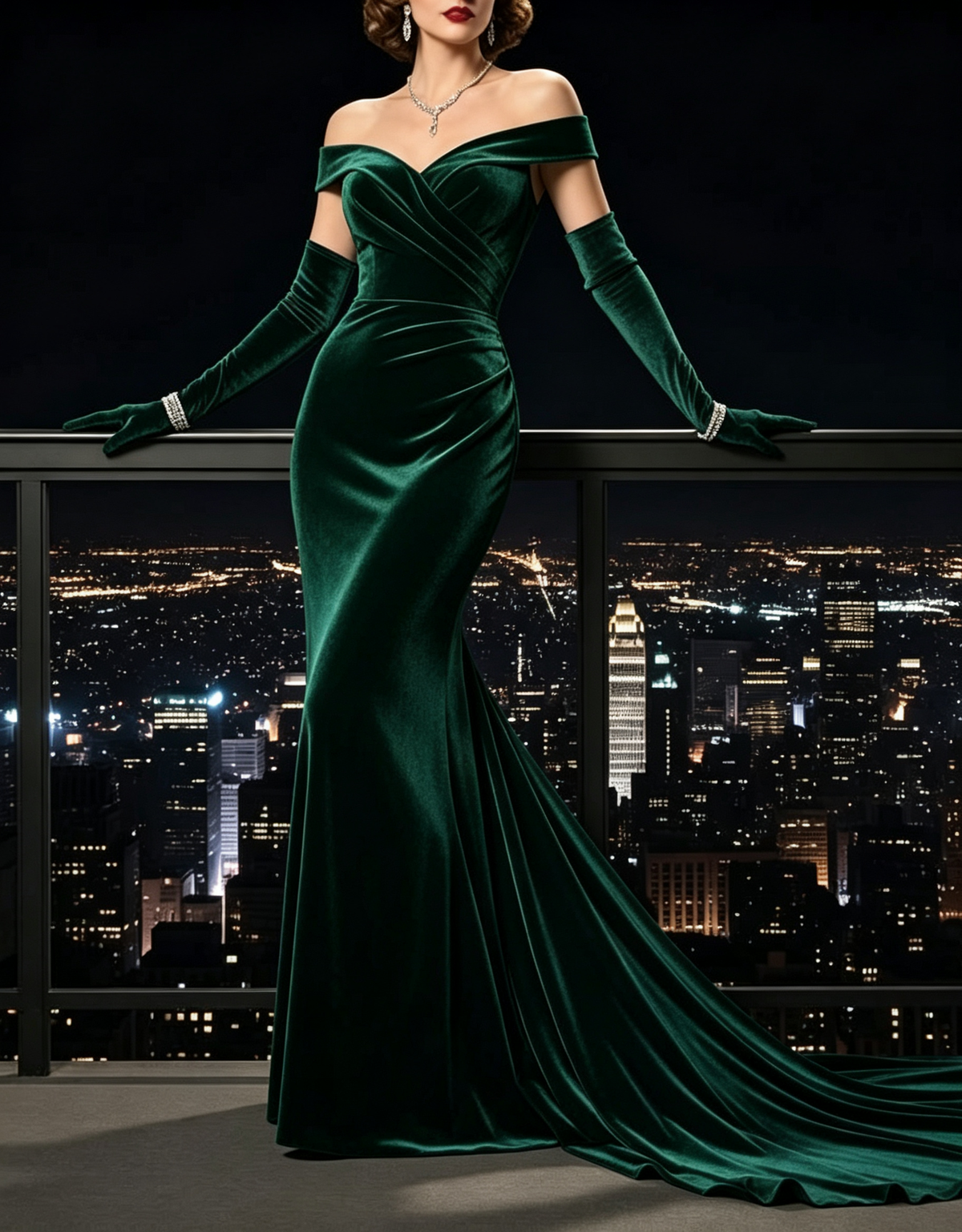 Robe longue de soirée sirène en velours, épaules dénudées et taille froncée