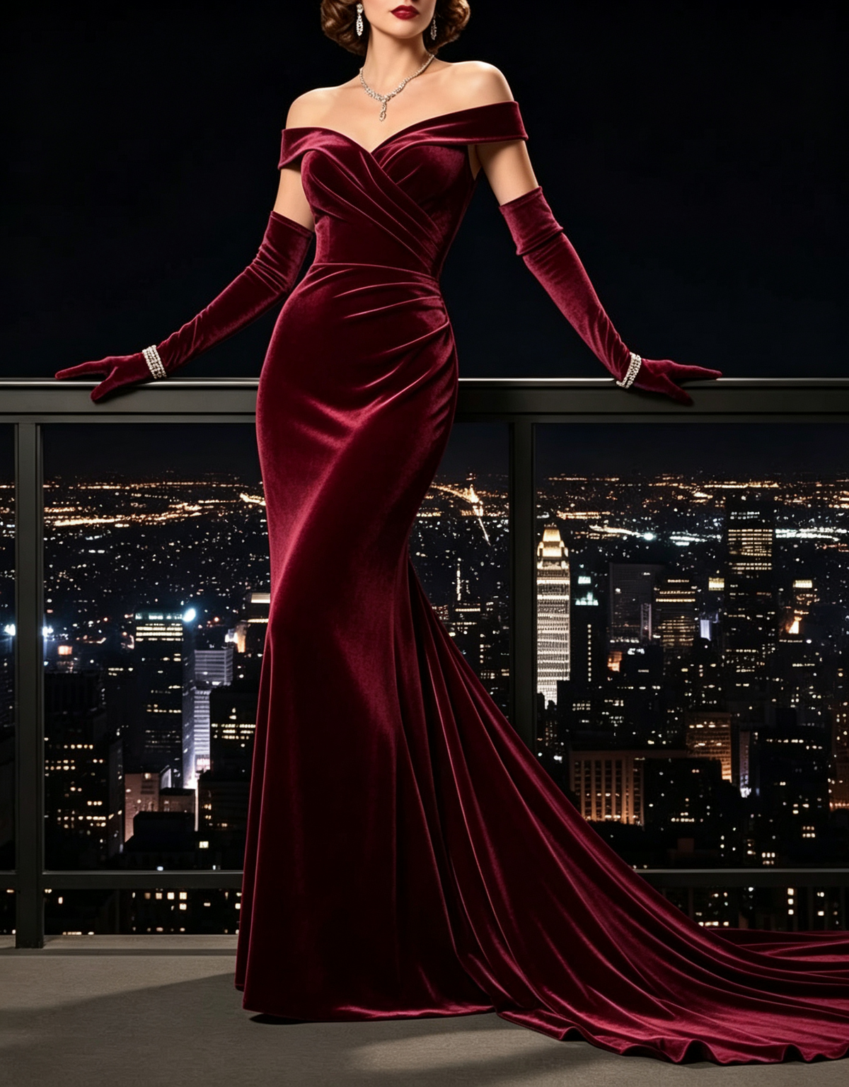 Robe longue de soirée sirène en velours, épaules dénudées et taille froncée