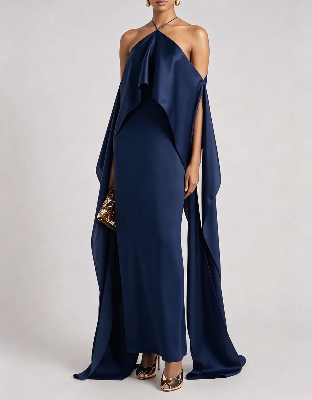 Vestido largo formal de terciopelo con escote en V, mangas largas y falda de sirena