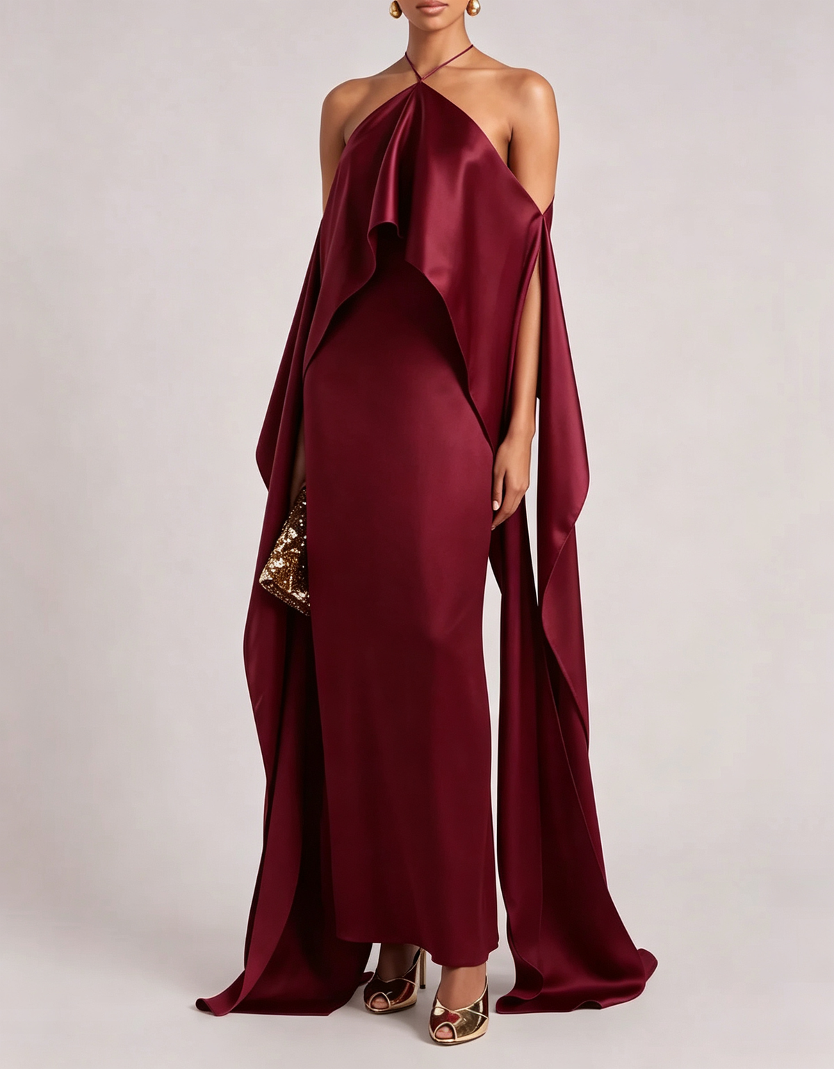 Vestido largo formal de terciopelo con escote en V, mangas largas y falda de sirena