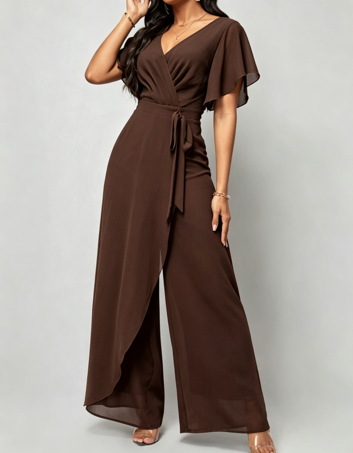 Salopetă elegantă formală cu decolteu în V, mâneci fluture din șifon, cordon în talie și pantaloni largi