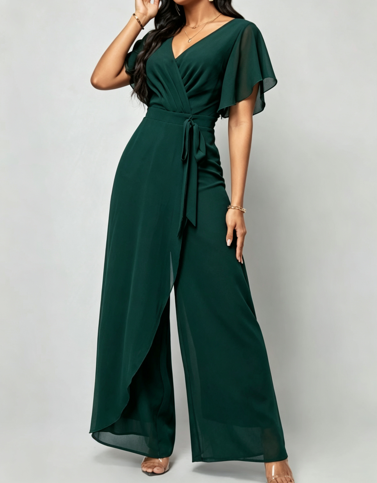 Salopetă elegantă formală cu decolteu în V, mâneci fluture din șifon, cordon în talie și pantaloni largi