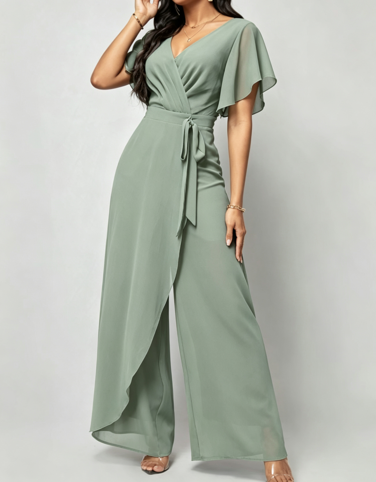 Salopetă elegantă formală cu decolteu în V, mâneci fluture din șifon, cordon în talie și pantaloni largi