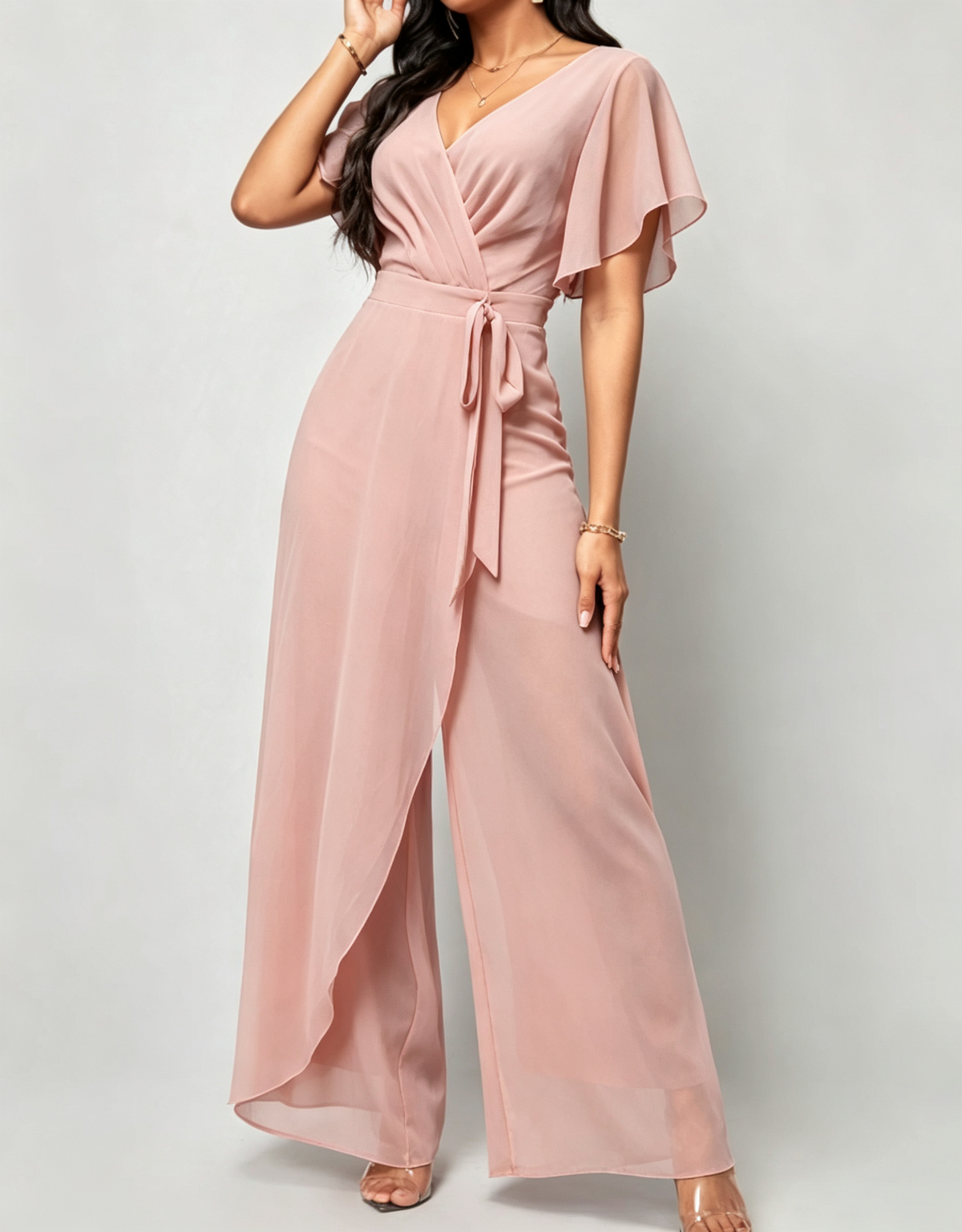 Salopetă elegantă formală cu decolteu în V, mâneci fluture din șifon, cordon în talie și pantaloni largi