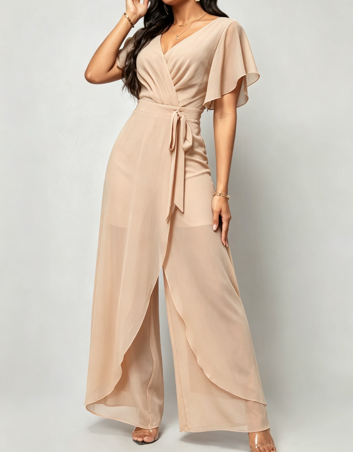 Salopetă elegantă formală cu decolteu în V, mâneci fluture din șifon, cordon în talie și pantaloni largi
