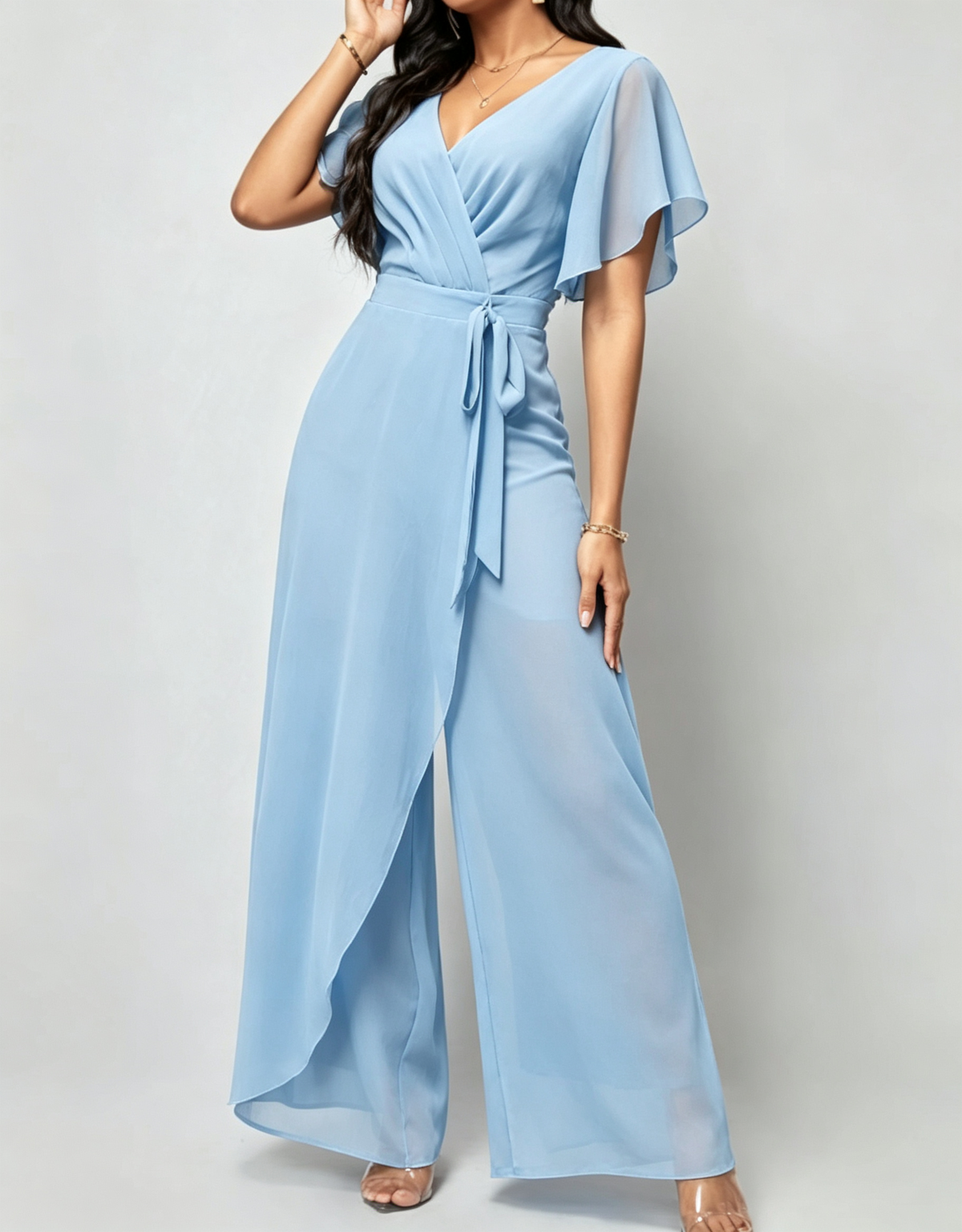 Salopetă elegantă formală cu decolteu în V, mâneci fluture din șifon, cordon în talie și pantaloni largi