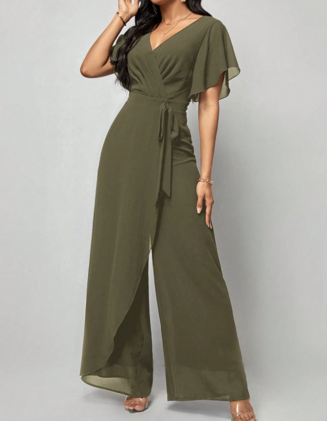Salopetă elegantă formală cu decolteu în V, mâneci fluture din șifon, cordon în talie și pantaloni largi