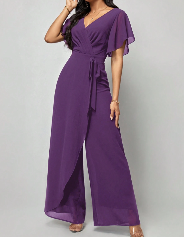 Salopetă elegantă formală cu decolteu în V, mâneci fluture din șifon, cordon în talie și pantaloni largi