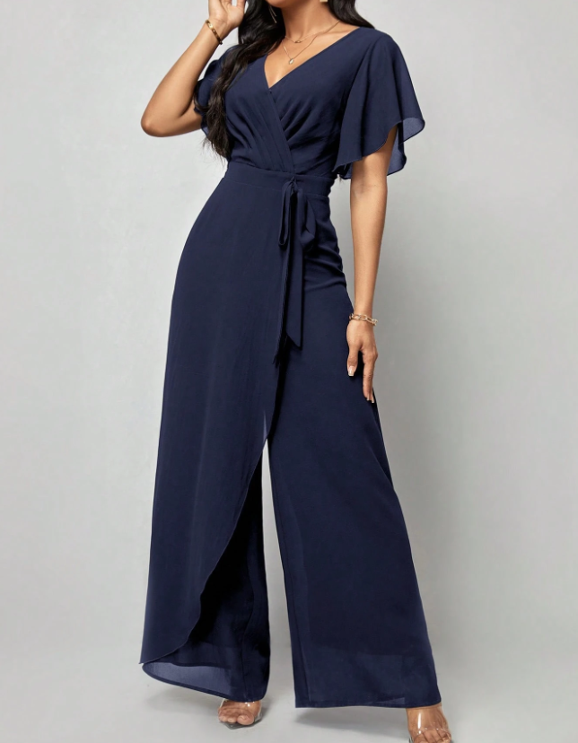 Salopetă elegantă formală cu decolteu în V, mâneci fluture din șifon, cordon în talie și pantaloni largi