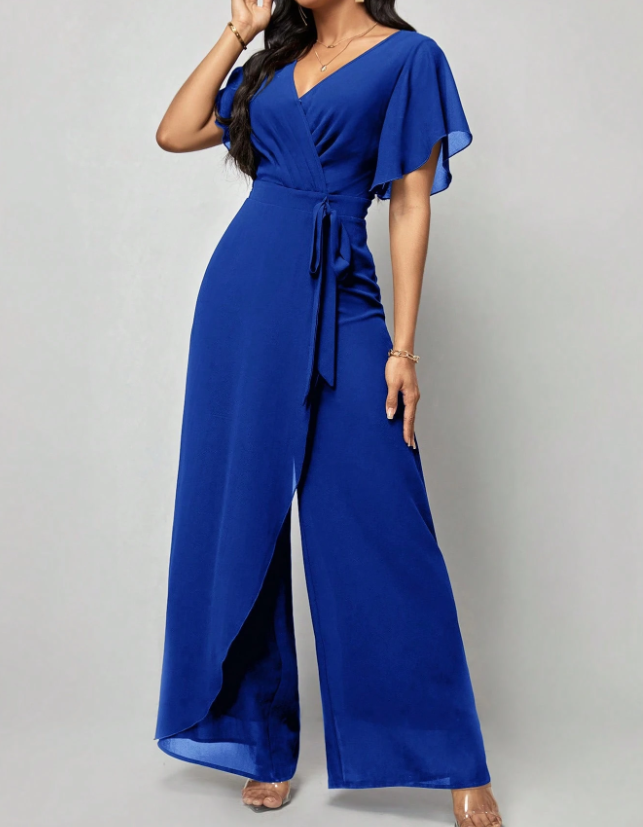 Salopetă elegantă formală cu decolteu în V, mâneci fluture din șifon, cordon în talie și pantaloni largi