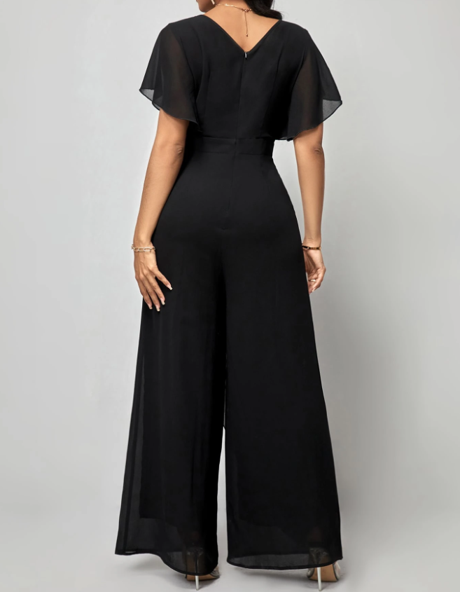Salopetă elegantă formală cu decolteu în V, mâneci fluture din șifon, cordon în talie și pantaloni largi