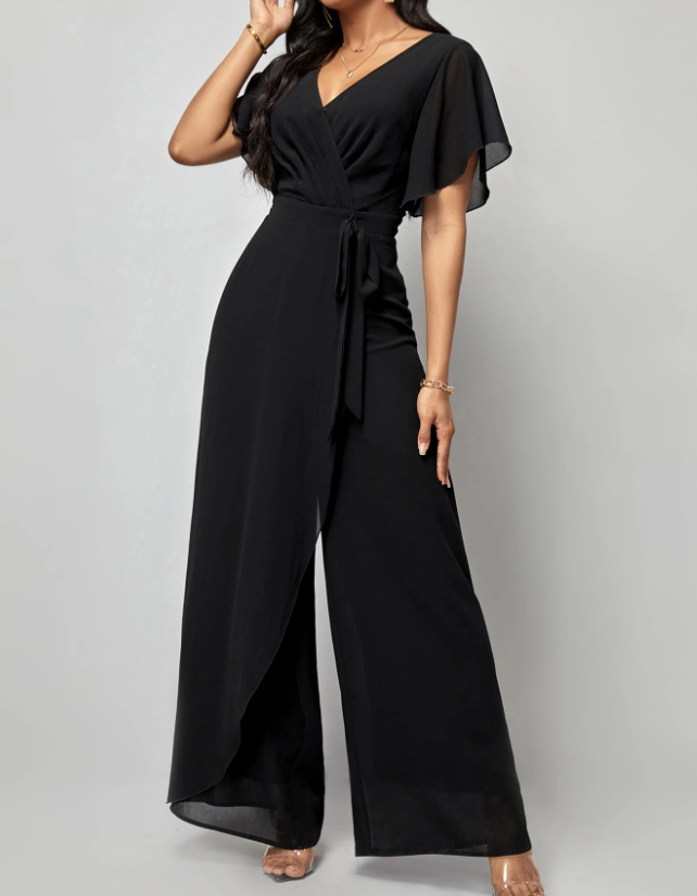 Salopetă elegantă formală cu decolteu în V, mâneci fluture din șifon, cordon în talie și pantaloni largi