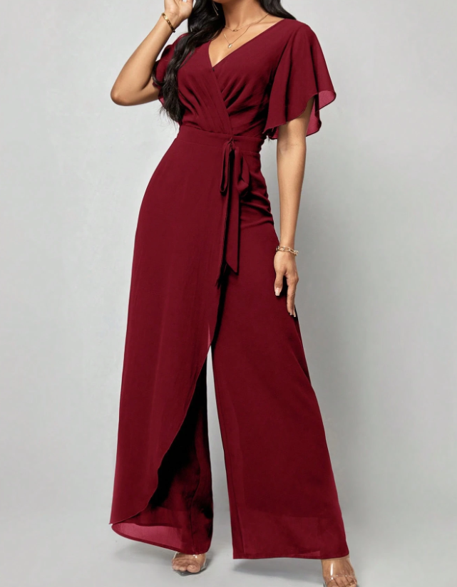 Salopetă elegantă formală cu decolteu în V, mâneci fluture din șifon, cordon în talie și pantaloni largi