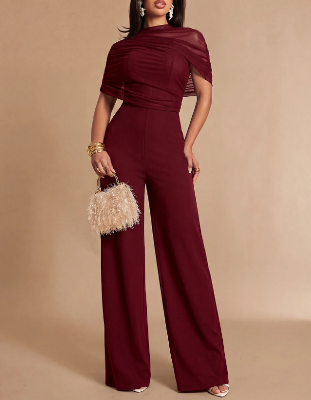 Macacão formal de chiffon com gola subida, mangas curtas e pernas largas