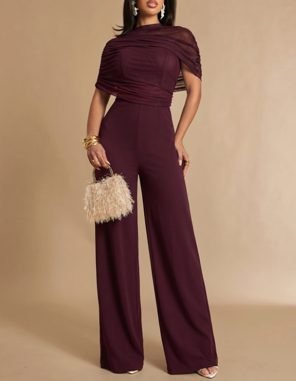 Macacão formal de chiffon com gola subida, mangas curtas e pernas largas
