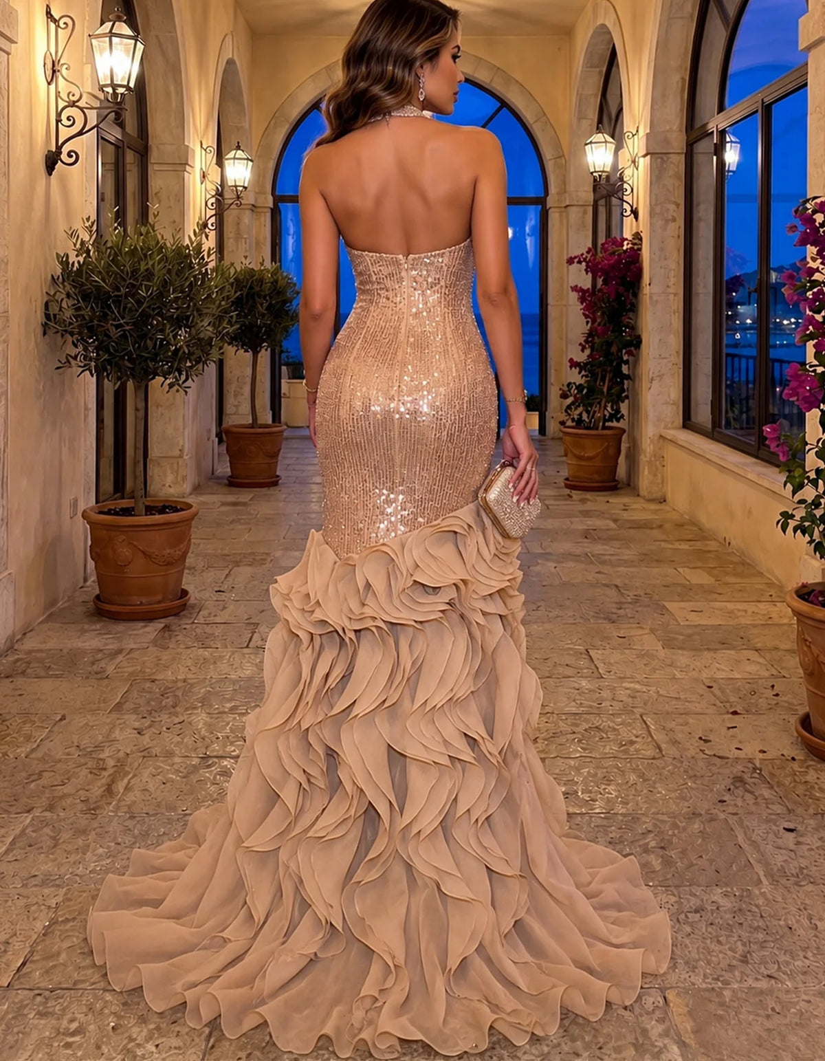 Vestido maxi de lantejoulas, com decote halter alto, rosa 3D e racha alta