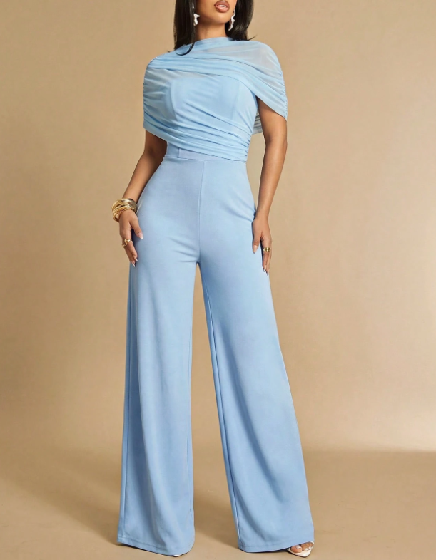 Macacão formal de chiffon com gola subida, mangas curtas e pernas largas