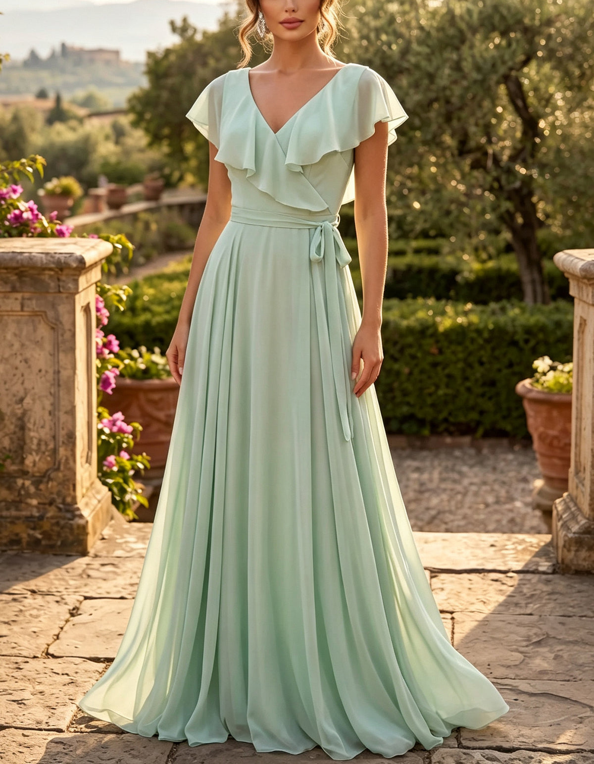 Chiffon V Neck Ruffle Flutter Short Sleeve Maxi Dress