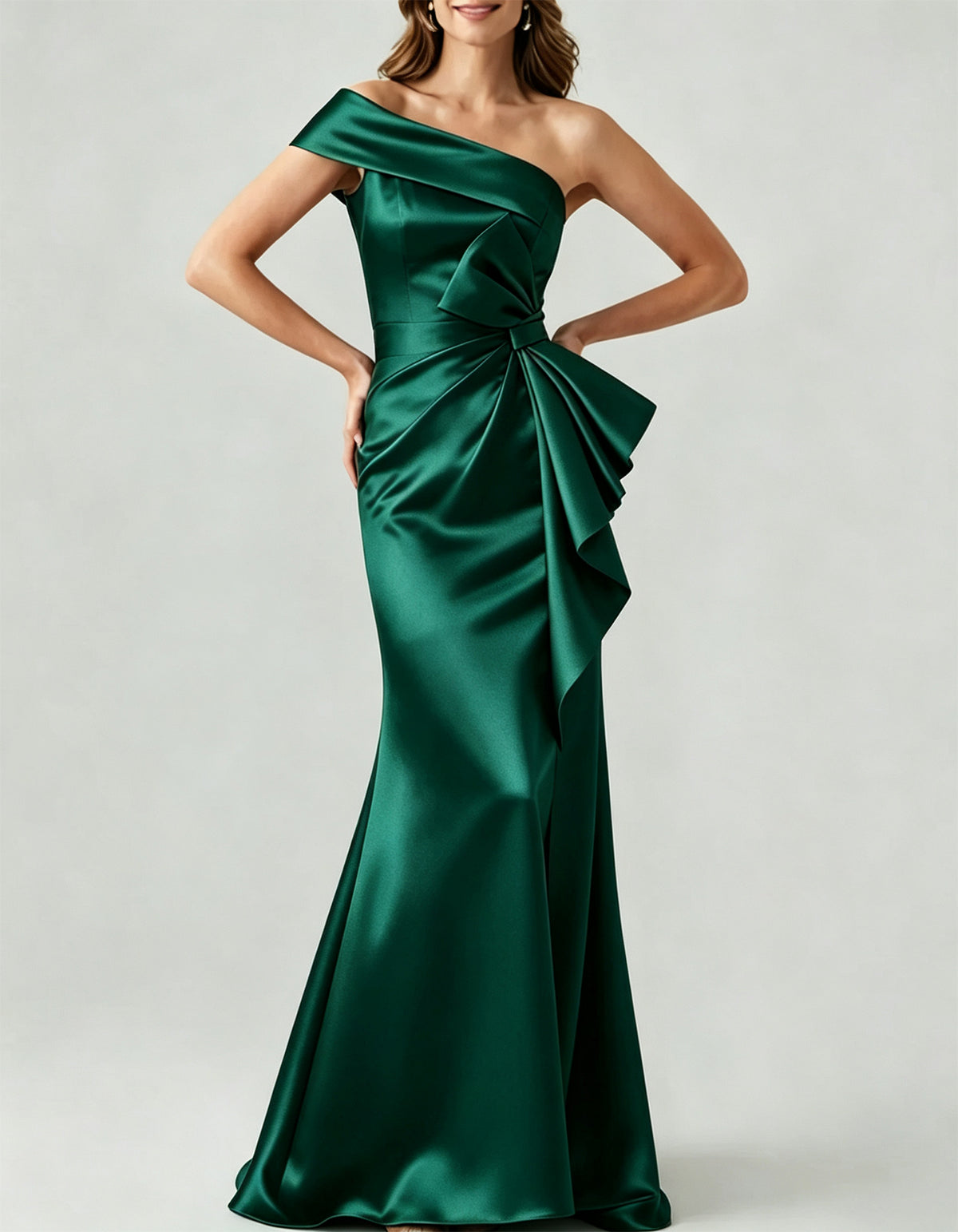 Vestido maxi assimétrico de um ombro, com torção, franzidos e laço 3D