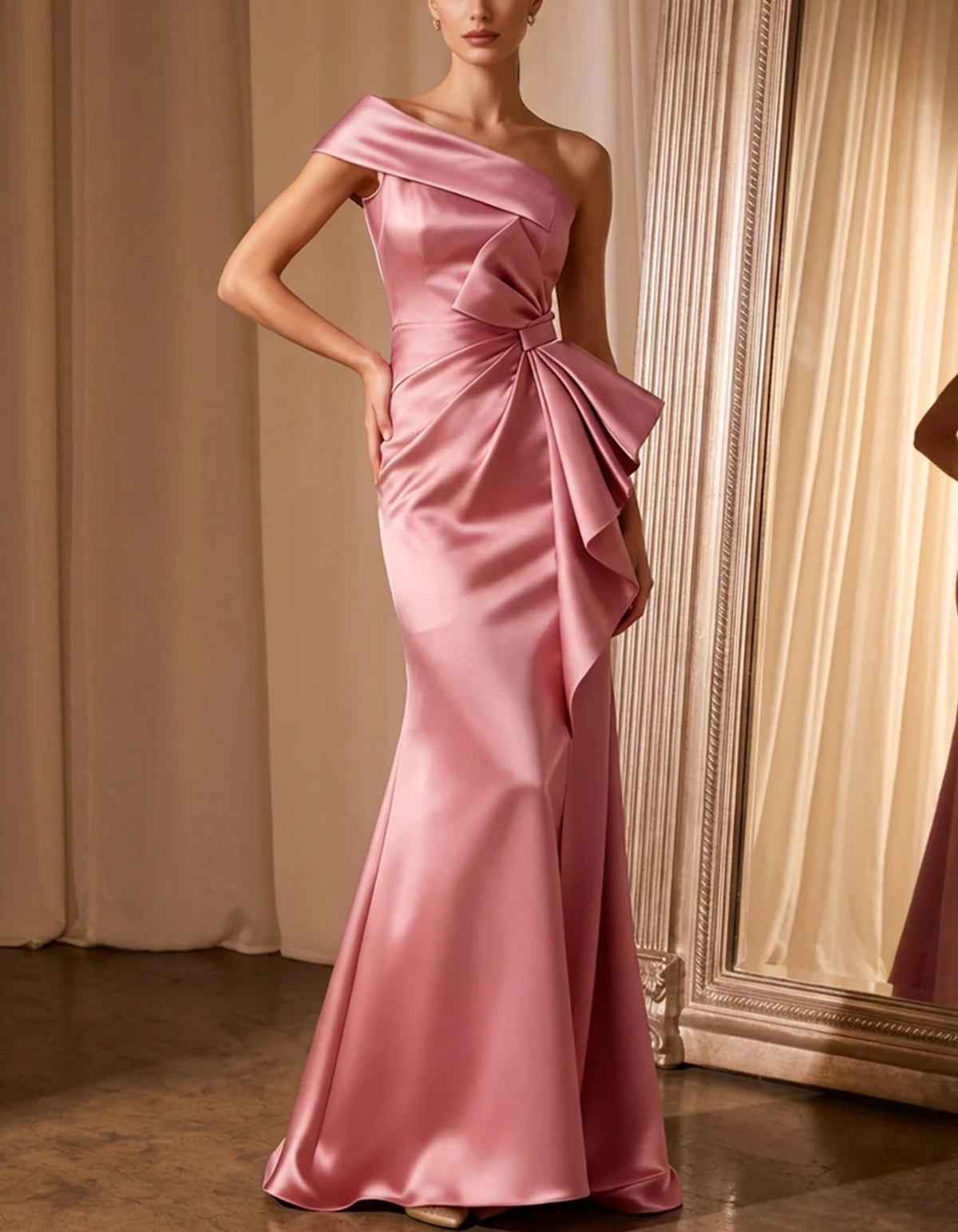 Vestido maxi assimétrico de um ombro, com torção, franzidos e laço 3D