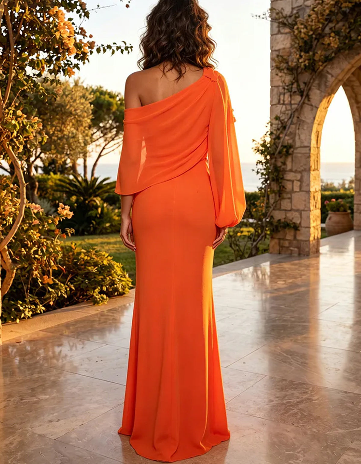 Oranges One-Shoulder-Maxikleid mit Blumenmuster und Bischofsärmeln