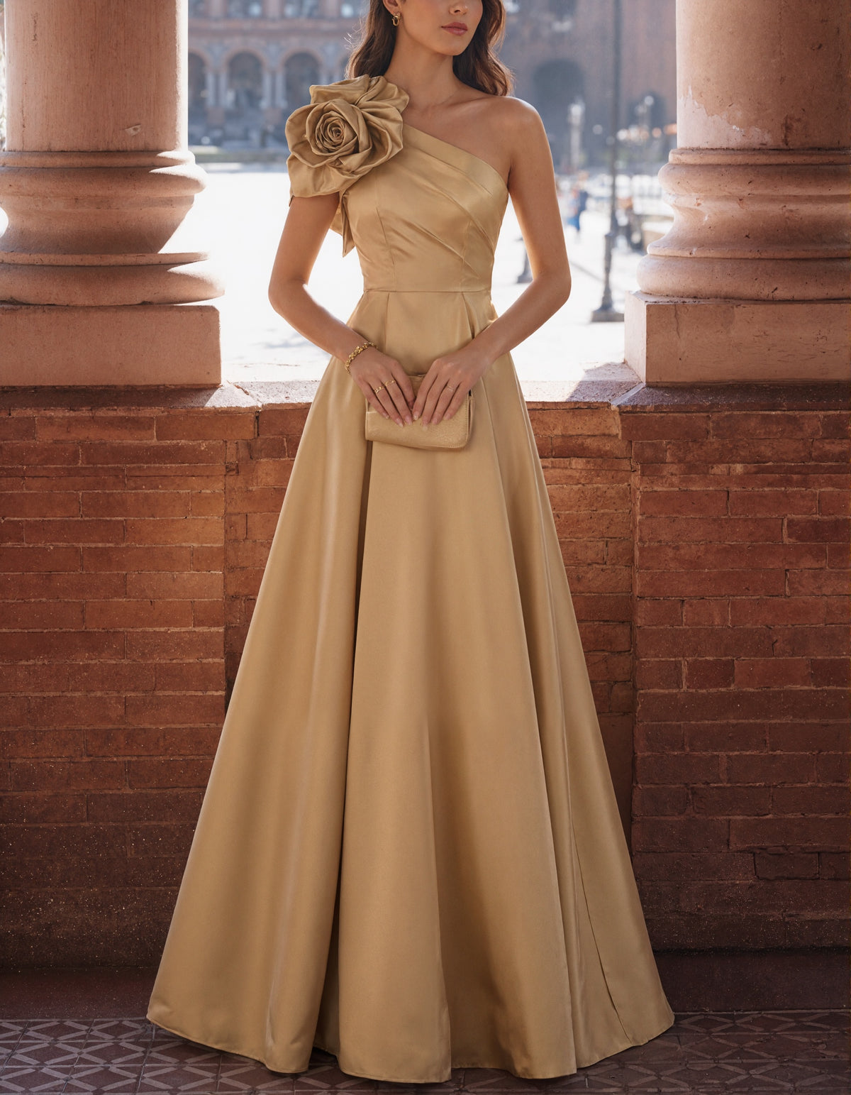 Solid Color Satin One Shoulder Design With 3D Floral  Maxi Dress
