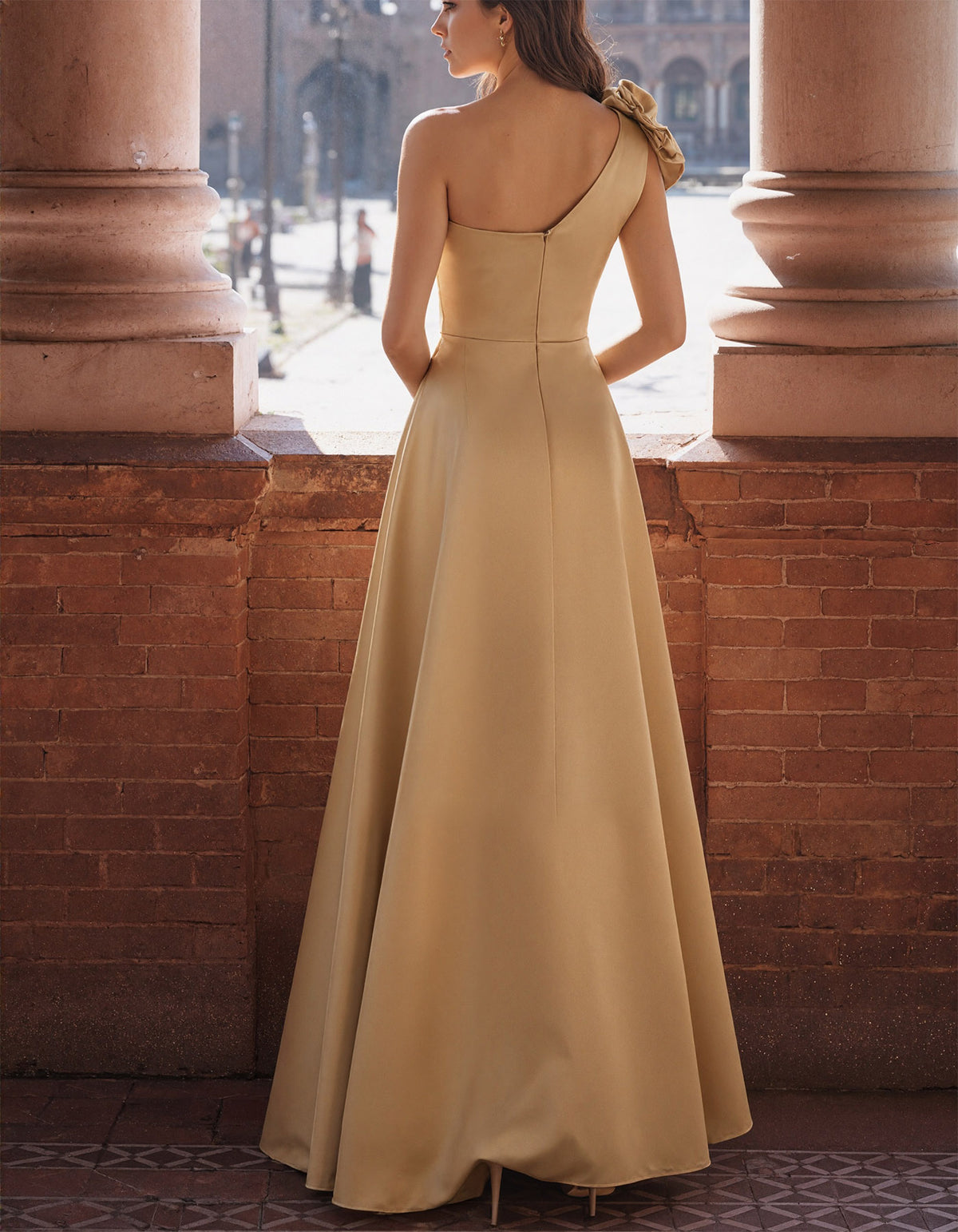 Solid Color Satin One Shoulder Design With 3D Floral  Maxi Dress