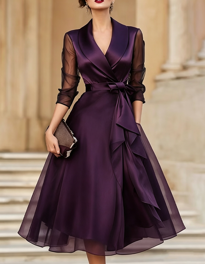 Burgundy Satin Tulle Midi Dress