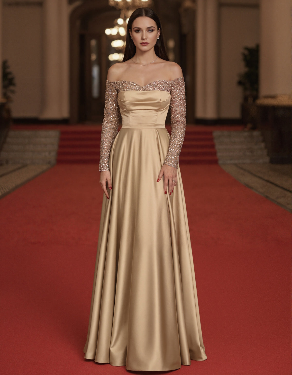 Champagne Colored Off The Shoulder Sequined Long Sleeve Maxi Dress