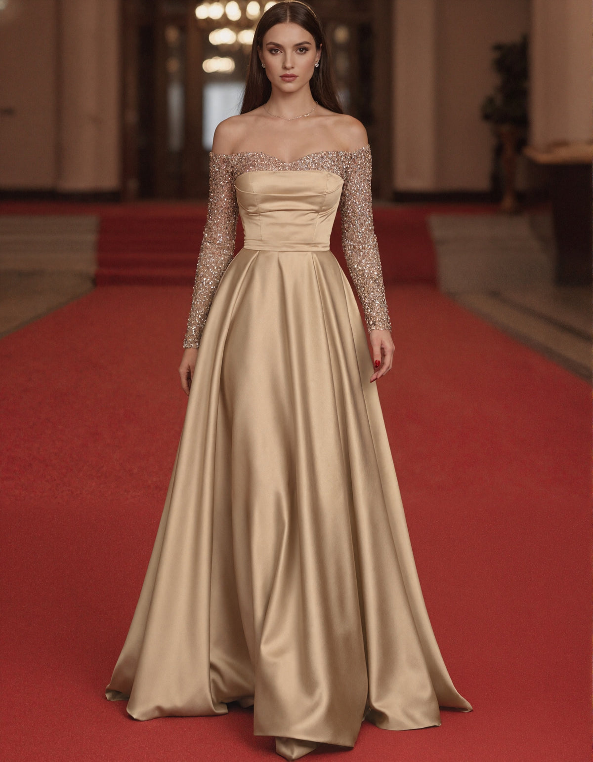 Champagne Colored Off The Shoulder Sequined Long Sleeve Maxi Dress